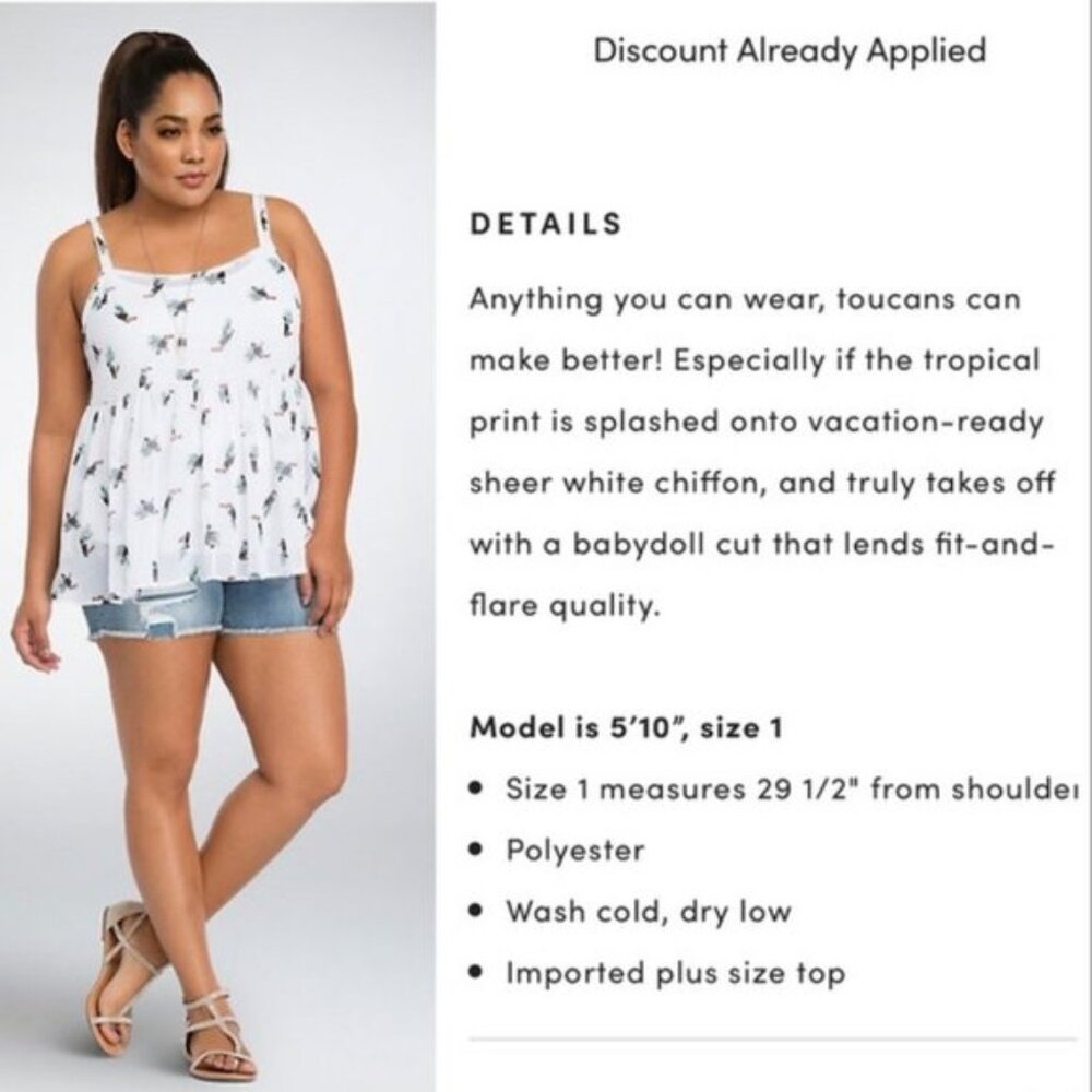 Torrid | Chiffon Peplum Toucan Print Babydoll Tank | Size 00 - Picture 3 of 11